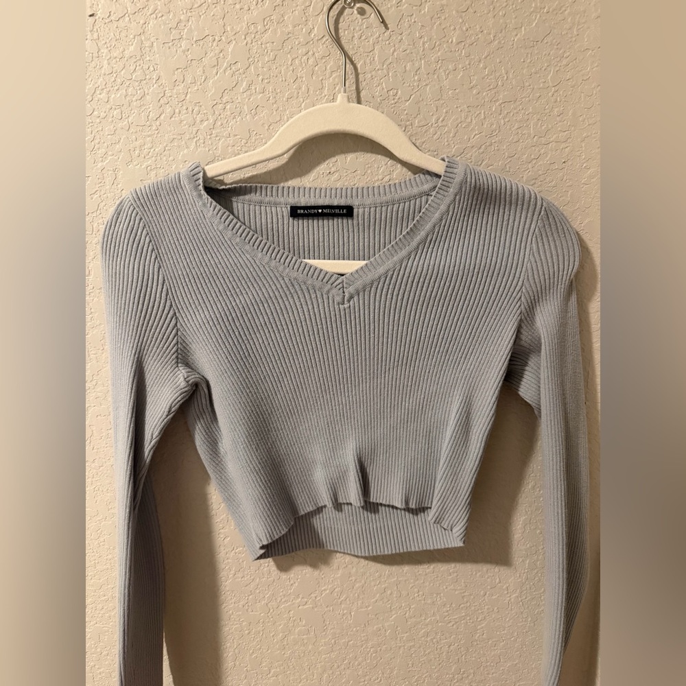 Brandy Melville Light blue Ribbed V-Neck Cropped Sweater